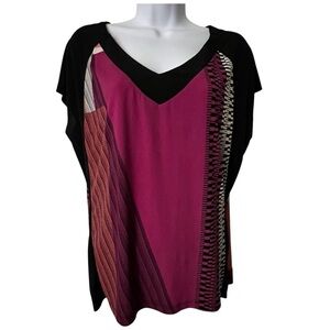 Worthington Women’s Geometric Print V-Neck Blouse Large Magenta Black Top